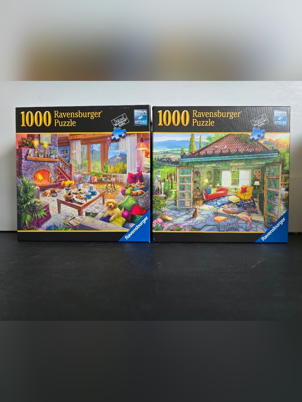 2 Ravensburger 1000 Pc Jigsaw Puzzles- Cozy Cabin & Tuscany Oasis